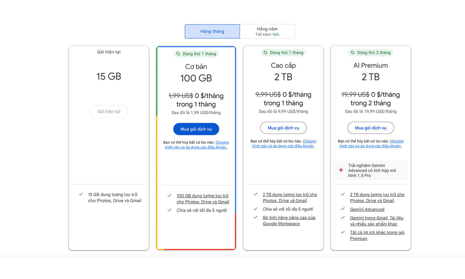 Các gói nâng cấp Google One